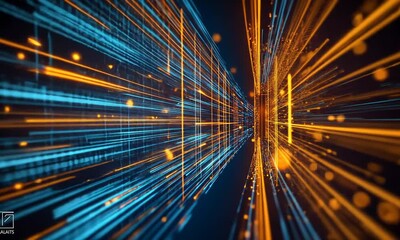 Poster - Dynamic Visualization of Futuristic Digital Data Streams in Vivid Blue and Orange Patterns