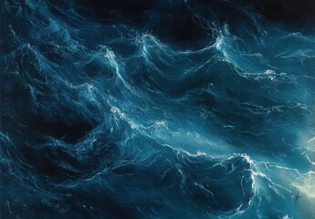 Poster - Deep Blue Ocean Waves at Night Capturing the Serenity and Mystery of the Sea with Luminous Highlights and Textured Motion in a Dark Background