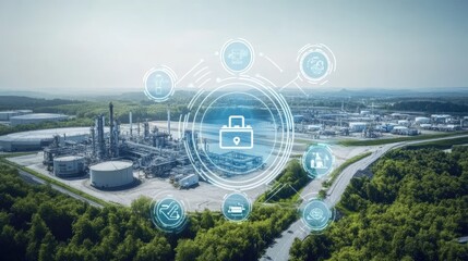 Poster - Industrial Security Concept with Digital Lock and Factory Background