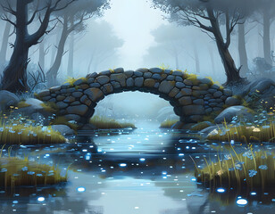 Poster - Stone bridge over a river in a foggy forest