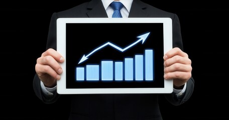 Poster - A businessman holding a tablet, displaying a growing virtual hologram of statistics, graphs, and charts with an upward arrow on a dark background. This scene represents stock market, business growth