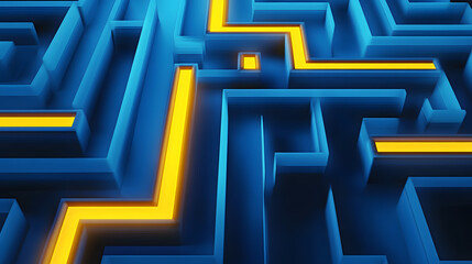 A labyrinth maze with a glowing yellow path on a blue background suggesting a concept of problem solving. 3D Rendering
