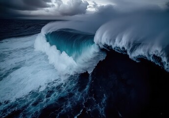 Poster - Majestic Ocean Waves Crashing Against Rocky Cliffs Captured in Dramatic Lighting with Dark Clouds Forming a Dramatic Backdrop in a Breathtaking Seascape