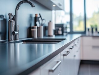 Poster - The composition features a stylish modern kitchen cabinet with a polished chrome handle, showcasing a glossy white finish and clean lines, complemented by natural light from large windows