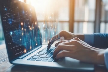 Poster - A businessman is using a laptop and tablet to study sales data and an economic growth graph chart, showcasing business strategy, digital marketing, and technological innovation