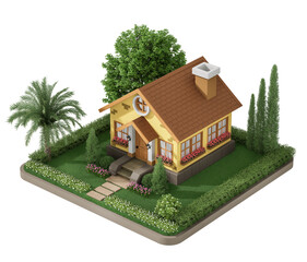 Wall Mural - Aerial view of cottage style tiny yellow house surrounded by garden isolated on transparent background 3d render