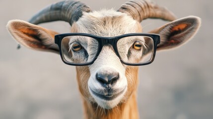 Poster -  a goat wearing glasses looking at the camera with a blurred background