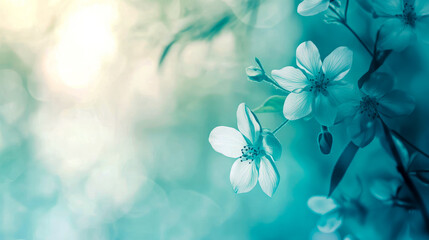 Wall Mural - Delicate blue floral background with blossoming flowers in soft light