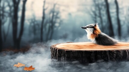 Wall Mural -  a fox sitting atop a tree stump in the middle of a foggy forest The fox is surrounded by trees and leaves, and the background is slightly blurred, giving the image