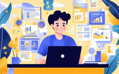 Poster - An analyst employs a computer and dashboard to perform data business analysis and manage a Data Management System, integrating Key Performance Indicators (KPIs) and metrics linked to the database for