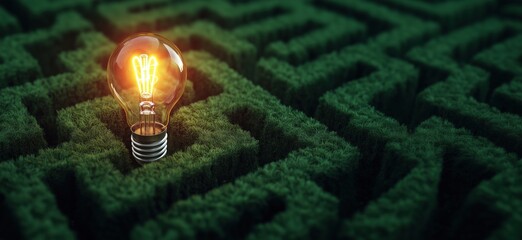 Poster - light bulb in maze symbolizing ideas and solutions. bright glowing bulb stands amidst green hedges, 