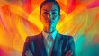 © Thiago - Vibrant ceo portrait kaleidoscopic background of business icons confident pose colorful power suit dynamic lighting empowering female leadership visual. Kaleidoscopic. Illustration