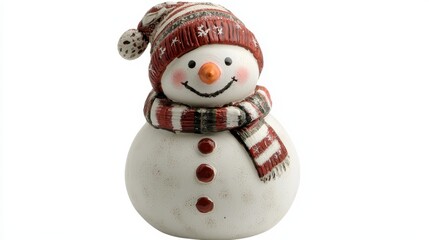 Poster -  a snowman figurine wearing a red hat and scarf, set against a white background The snowman has a cheerful expression, with its eyes twinkling and its mouth slightl