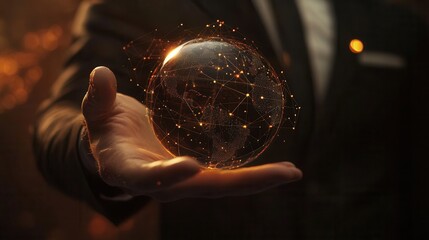 Poster - A man's hand holding a virtual global internet connection to the metaverse, representing business applications, technology, digital marketing, financial services, banking, digital links, and big