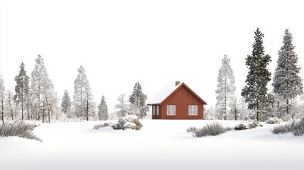 Poster -  a small red cabin nestled in the middle of a snowy forest The cabin is surrounded by trees and plants, and the ground is blanketed in a thick layer of snow The sk