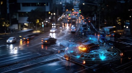 Poster - Smart city integration ai traffic management and urban intersection visualization in aerial rainy night views