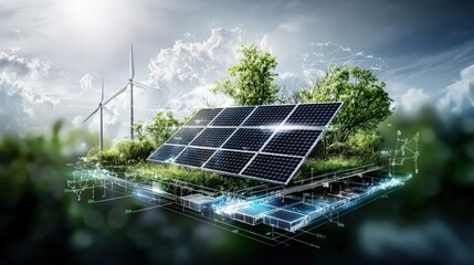 Fototapete - Renewable energy innovation solar and wind power scenic landscape infographic modern technology environmental sustainability