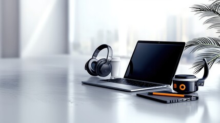 Poster - Modern work-from-home setup with laptop headphones and coffee in a minimalist office environment