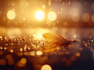 Leinwandbilder - A single feather lies gently on a glistening surface, surrounded by vibrant water droplets. The soft lighting enhances its delicate details, creating a serene ambiance