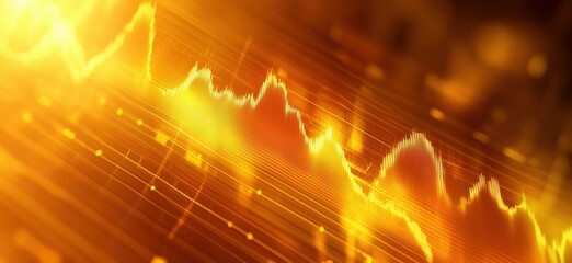 Poster - Dynamic financial market graph with golden hues, depicting fluctuating trends and data analysis, copy space for text