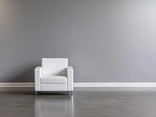Poster - A medium shot captures a modern armchair positioned thoughtfully against a neutral gray wall, showcasing its elegant lines and inviting design, perfect for contemporary spaces