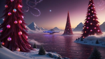 Wall Mural - Stunning image of winter on an alien planet with Christmas atmosphere, sci-fi landscape 