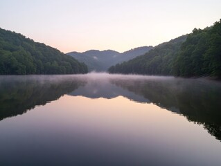 Poster - The serene lake mirrors the surrounding misty hills at sunrise, with gentle fog floating on the water's surface, creating a peaceful atmosphere