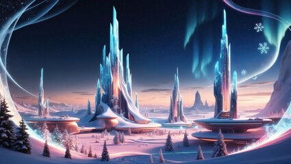 Wall Mural - Stunning image of winter on an alien planet with Christmas atmosphere, sci-fi landscape 