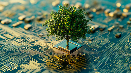 Wall Mural - tree growing on computer circuit board symbolizing nature and technology integration