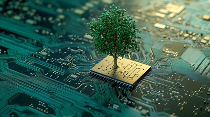 Wall Mural - green tree growing on circuit board symbolizes technology and nature integration
