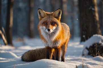 a fox in a winter forest in the rays of the daytime sun.