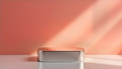 Leinwandbilder - Metallic podium against coral backdrop. Modern display for beauty or cosmetic products. Empty space for placing items. Soft coral color creates pleasant ambiance.
