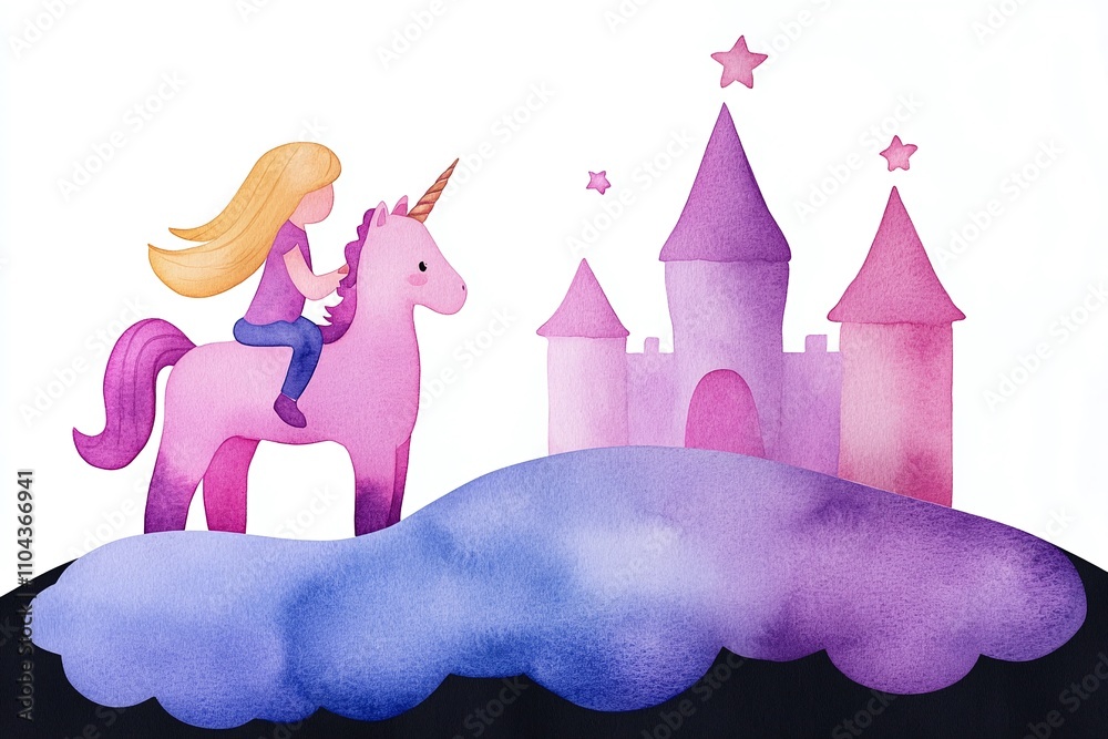 Girl riding a pink unicorn to a castle, whimsical fairy tale scene ...