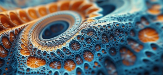 Poster - Fractal patterns in vibrant blue and orange hues, intricate details of swirling shapes and textures, showcasing mathematical beauty and complexity, copy space for text