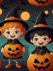 Sticker - Cartoon kids celebrating Halloween.