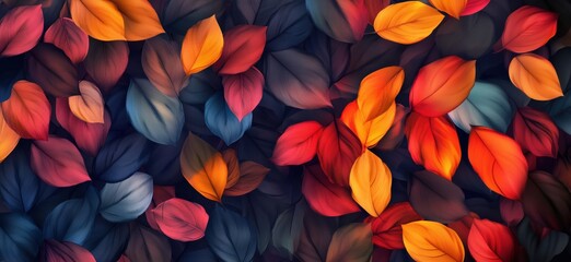 Poster - Colorful autumn leaves background, vibrant hues of red, orange, yellow, blue, and purple, layered and textured, creating a rich visual tapestry., copy space for text