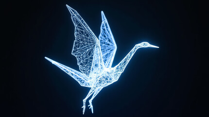 Poster - An origami crane soars into the air, its wings unfolding elegantly while illuminated in glowing neon hues