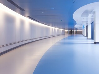 Aufkleber - A futuristic hallway features white walls and a blue ceiling, highlighted by geometric patterns. The composition showcases smooth lines and ample copy space, enhancing its modern aesthetic