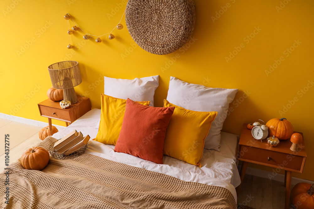 Interior of light bedroom with autumn decor, bed, bedside table and lamp