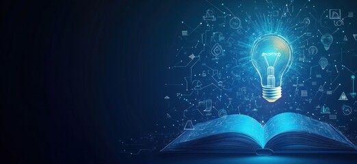 Poster - Open book with glowing light bulb, symbolizing knowledge and ideas, surrounded by digital icons and symbols representing technology and innovation., copy space for text