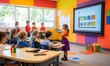 © Александр Михайлюк - Young Girl Using a Tablet in a Colorful Classroom While Classmates Watch a Presentation on a Screen During a Learning Activity