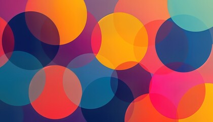 Poster - Playful overlapping circles in vibrant colors. Abstract design with tech style. Colorful circles overlap creating dynamic visual effect. Bright hues generate playful energy. Ideal for tech, design,
