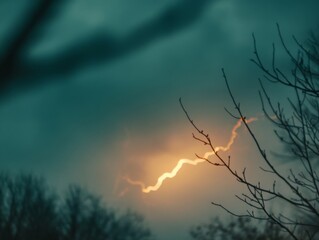 Poster - A striking lightning bolt arcs dramatically across a stormy night sky, revealing detailed branches of the electrical discharge in a powerful display of nature's fury