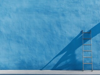 Poster - A ladder stands against a light blue wall, casting a soft shadow that plays with light to create an abstract and serene atmosphere, perfect for minimalistic design