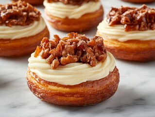 Poster - Assorted cronuts are artfully arranged on a marble countertop, showcasing their rich, creamy fillings and deliciously flaky golden-brown layers, perfect for pastry lovers