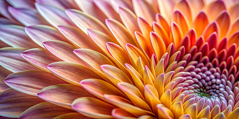 Poster - Detailed view of a flower displaying layers of petals in shades of orange and pink, illuminated by soft natural light. The texture and form create an artistic visual harmony