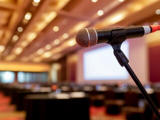 Poster - A close-up view of a microphone positioned in front of a large, empty presentation screen in a spacious conference room, indicating readiness for an upcoming event