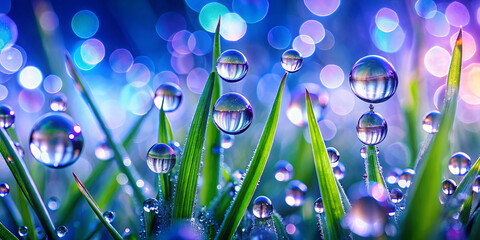Poster - Tiny dewdrops cling to green grass blades, reflecting light in vibrant colors. The scene captures the freshness of early morning, creating a serene atmosphere