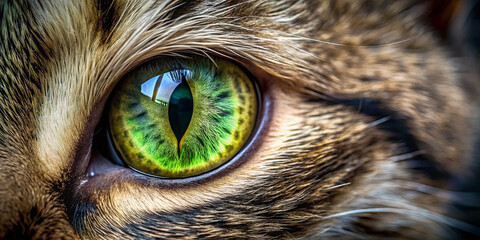 Poster - A close-up view reveals a cat's striking green eye, highlighting the mesmerizing patterns and colors. The reflection of surroundings adds depth and interest to the scene
