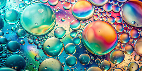 Poster - Droplets of various sizes sit atop a colorful surface, reflecting light and creating an abstract display of rainbow hues. The close-up view emphasizes the intricacies of liquid interactions